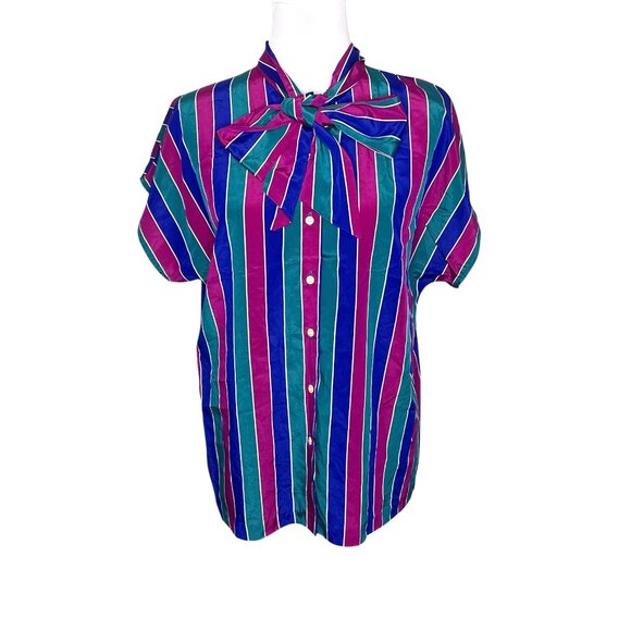 Russ Tops - Russ Togs Vintage Stripe Blouse Bold Bow 80s Button Up Top Sz  M